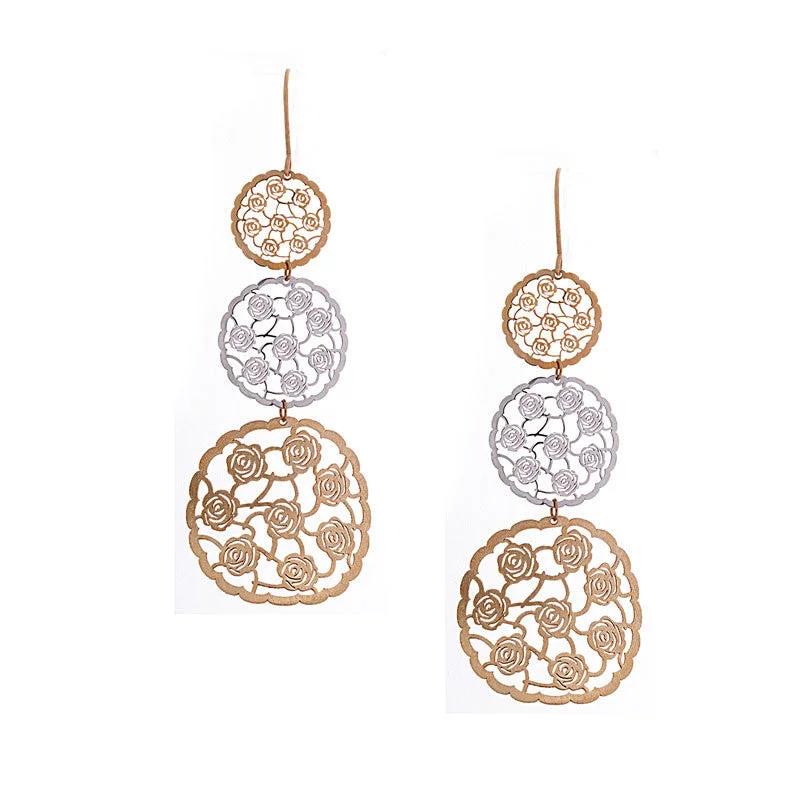 vibrant gemstone earrings for a bold statement -Italian gold yellow and white gold three disc rose drop earrings