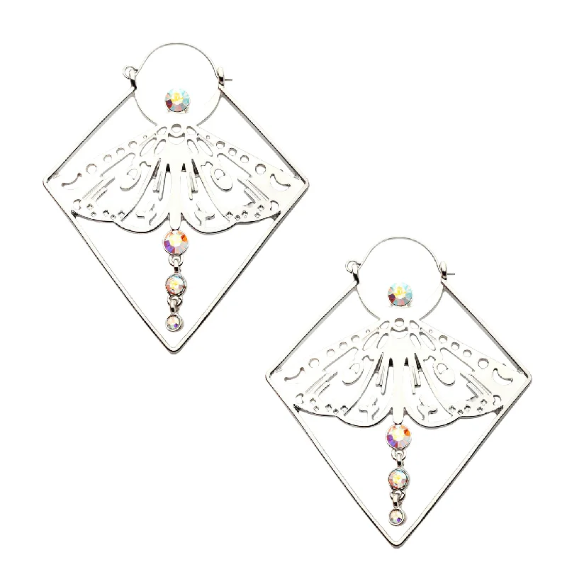 fun animal earrings for quirky personalities -Luna Moth Dangle Rainbow Aurora CZ Stainless Steel Plug Hoops