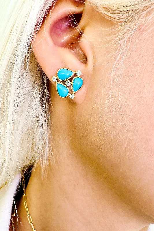 oversized stud earrings for a dramatic flair -Turquoise Pear shape & Diamond Earring In 18K Yellow Gold