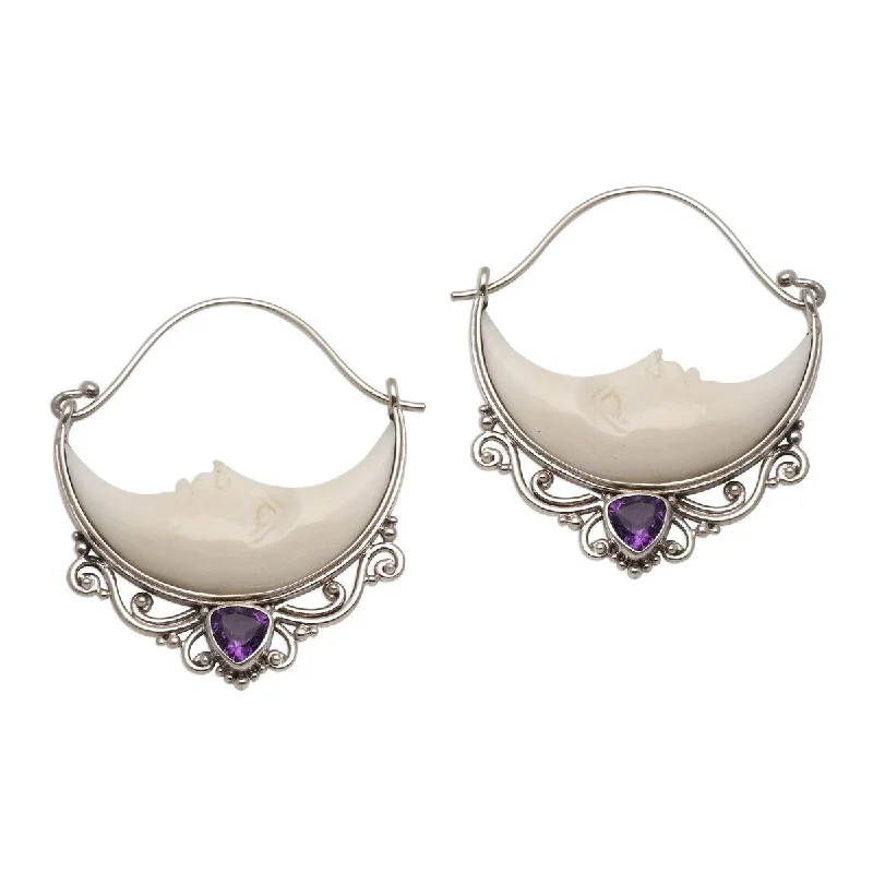 bold chain earrings for trendy looks -NOVICA Sleeping Moons, Amethyst and bone hoop earrings - 1.4*0.2