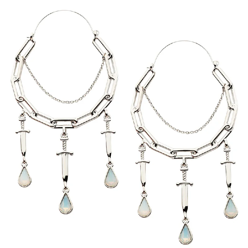 sparkling crystal studs for sophisticated glamour -Paperclip Dagger White Opalite Stainless Steel Plug Hoops