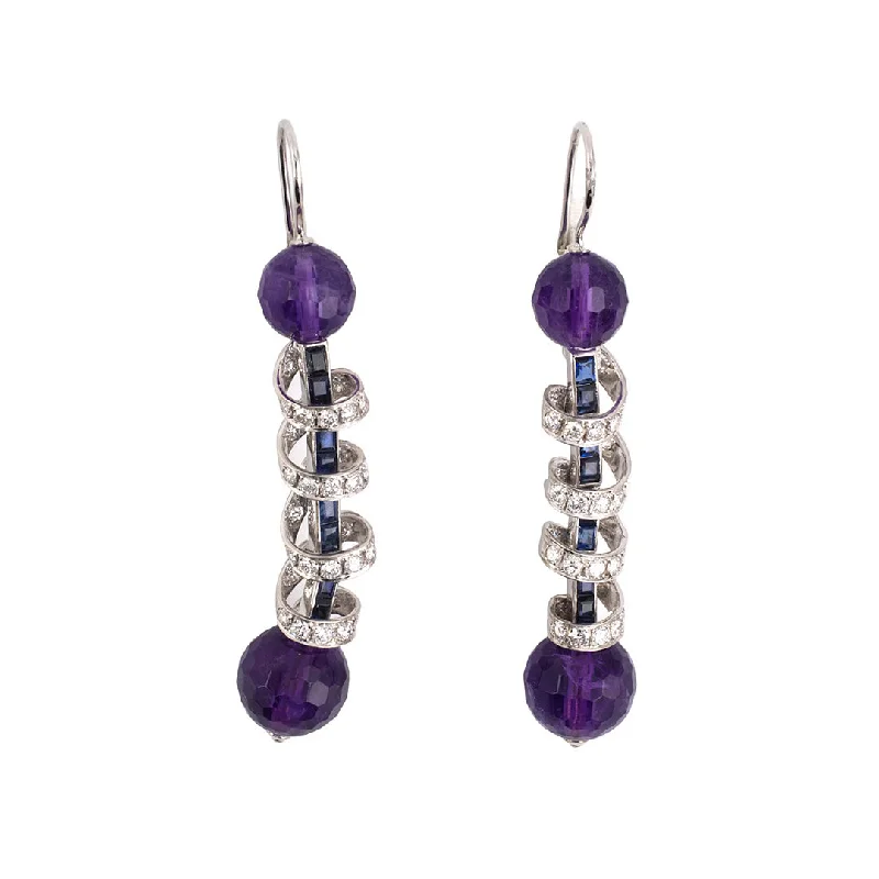 unique gold earrings for a modern twist -Amethyst, Diamond & Sapphire Barber Pole Dangle Earrings