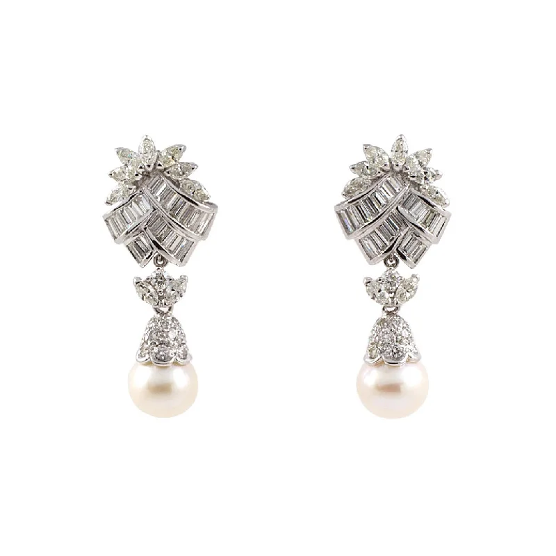 trendy ear cuffs for modern chic -Diamond Spray & Pearl Drop Dangle Earrings