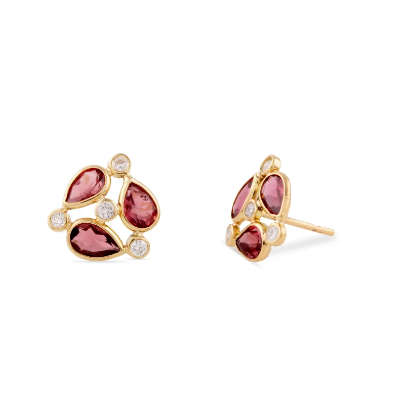 elegant gemstone studs for everyday wear -Pink Tourmaline Pear Shape & Diamond Earring In 18K Yellow Gold