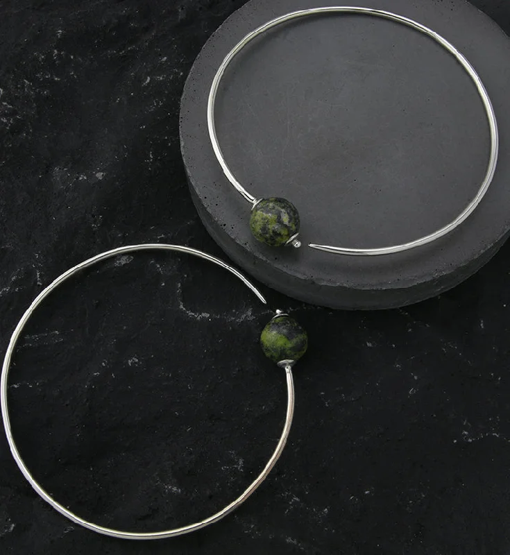 elegant opal earrings for a glowing look -Serpentine Stone Orb White Brass Hangers / Plug Hoops