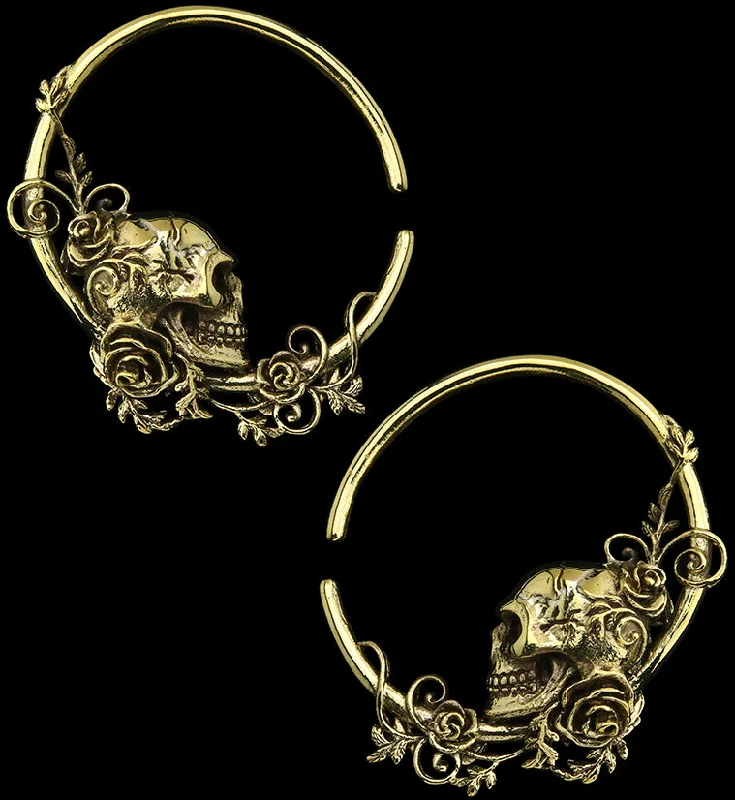 playful star earrings for a whimsical style -Skull & Roses Hoop Brass Ear Weights