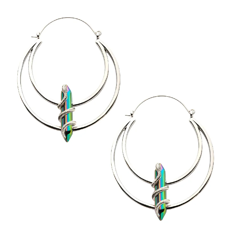 silver hoop earrings for timeless appeal -Snake Wrapped Rainbow Aurora Crystal Stainless Steel Plug Hoops