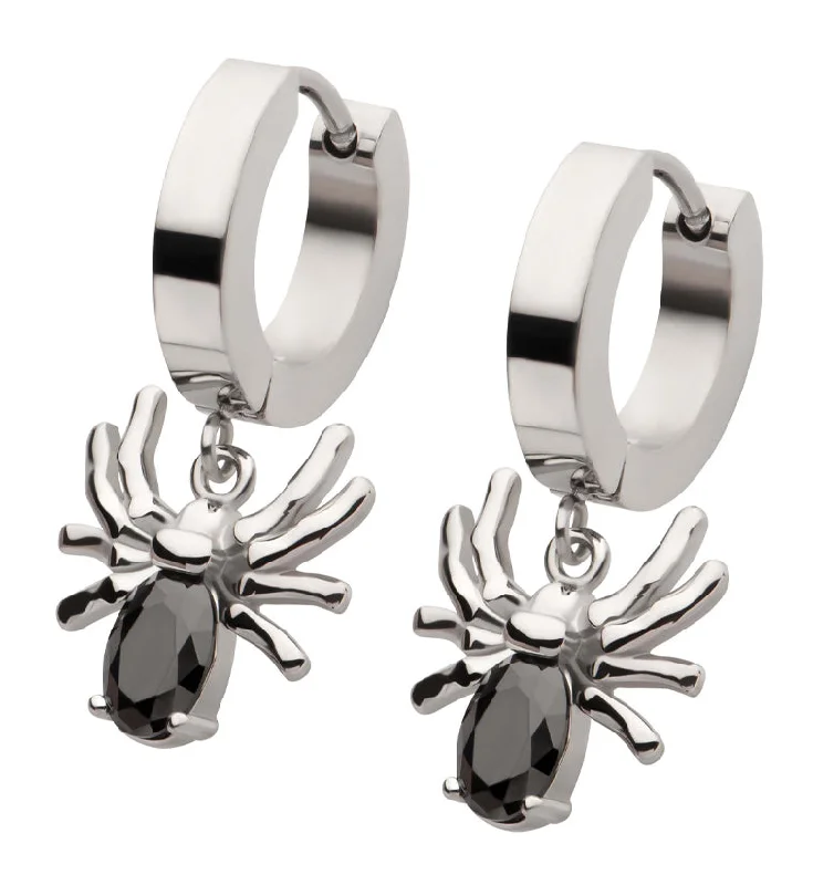 stylish hoop earrings for a chic appearance -Spider Black CZ Stainless Steel Hoop Huggie Earrings