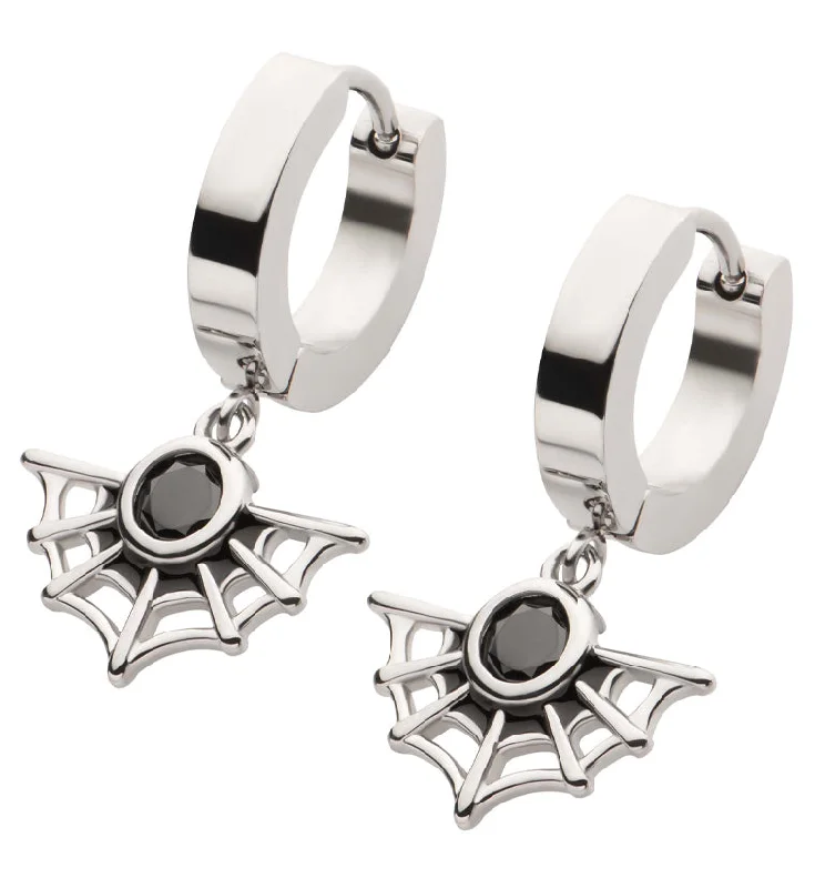 floral resin earrings for a whimsical touch -Spiderweb Black CZ Stainless Steel Hoop Huggie Earrings