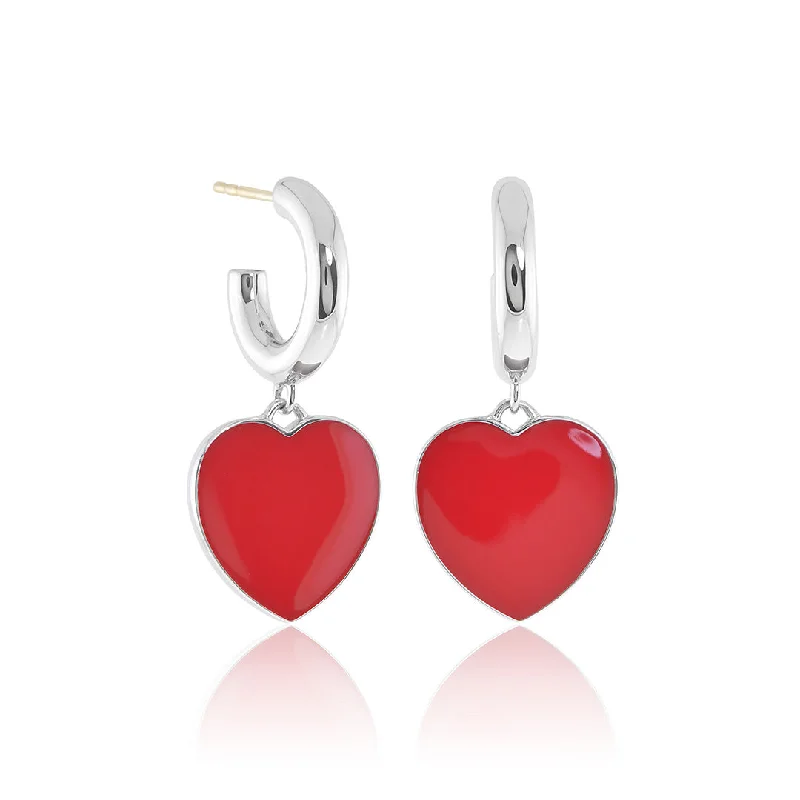 colorful beaded earrings for a fun pop -Red Enamel & Silver Heart Charm Earrings