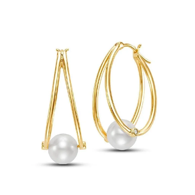 luxurious gold earrings for upscale occasions -Pearl & Triangle Cage Gold Hoop Earrings