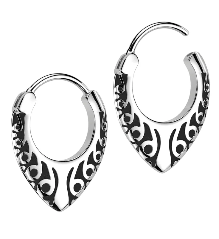 sparkling gemstone hoops for a festive vibe -Tribal Teardrop Stainless Steel Hinged Hoop Earrings