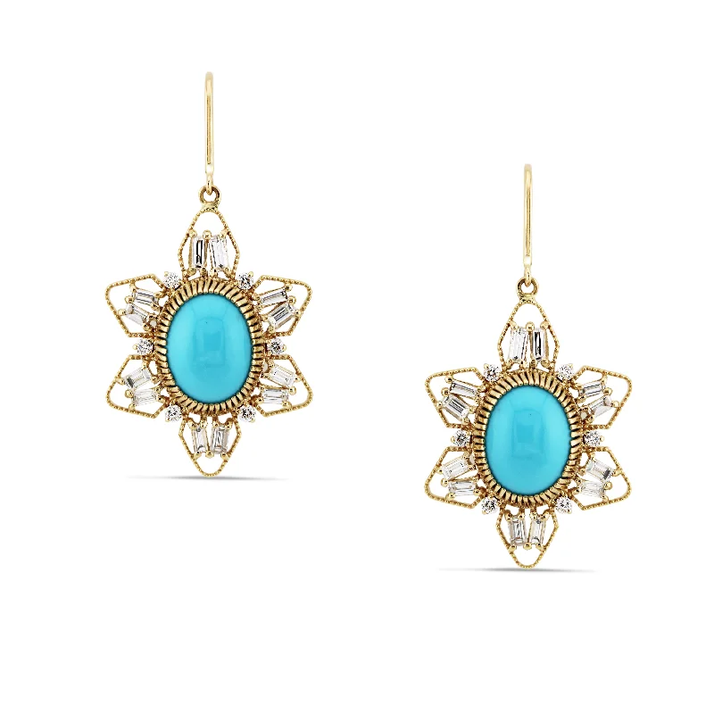 chic feather drop earrings for boho looks -Turquoise Oval & Diamond Earring In 18K Yellow Gold