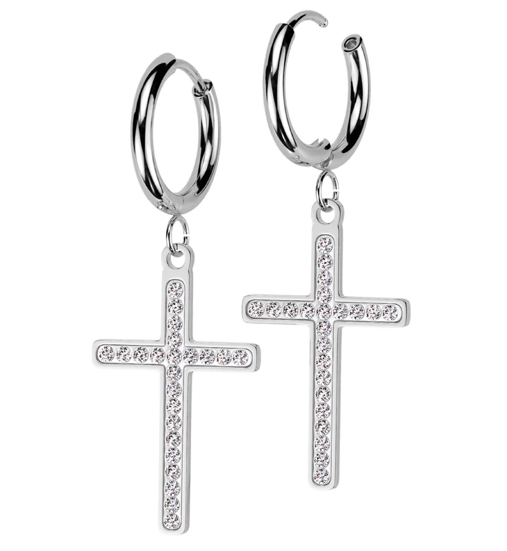 gemstone chandelier earrings for luxurious occasions -White Cross Clear CZ Stainless Steel Hoop Earrings