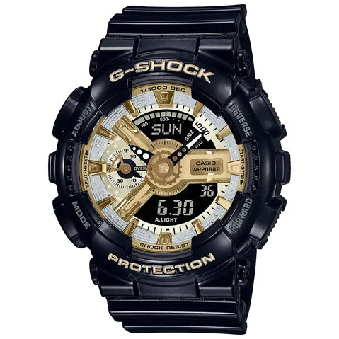 watches for men with rubber and silicone straps for comfort -Casio G-Shock GMA-S110GB-1ADR Gold-Silver Analog-Digital Dial Black Resin Strap Women's Watch Shock and 200M Water Resistant G1286