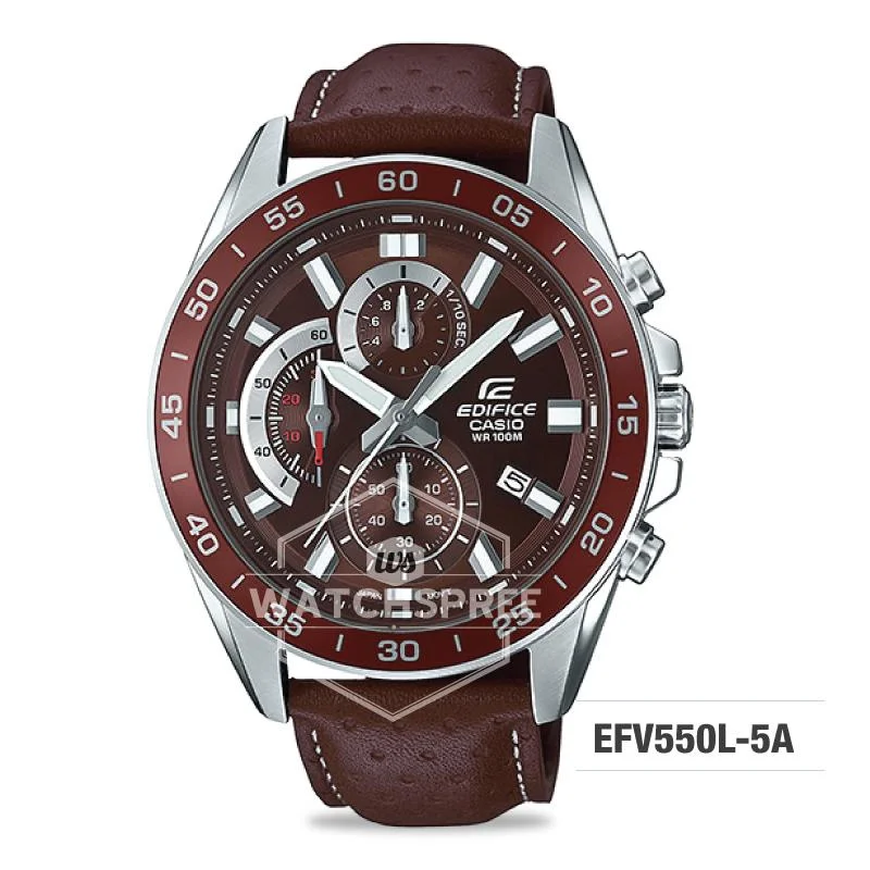 watches for women with crystal bezel and leather bands -Casio Edifice Standard Chronograph Dark Brown Leather Strap Watch EFV550L-5A EFV-550L-5A