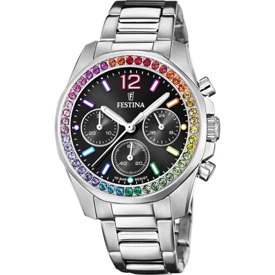 casual watches for men with bold dials and sporty look -Festina Rainbow Stainless Steel Chronograph Ladies Watch I Model F20606/3 Quartz Movement