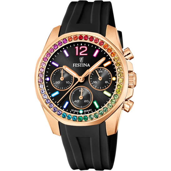 affordable luxury watches for women with classic design -Festina Rainbow Rubber Chronograph Ladies Watch I Model F20611/3 Quartz Movement