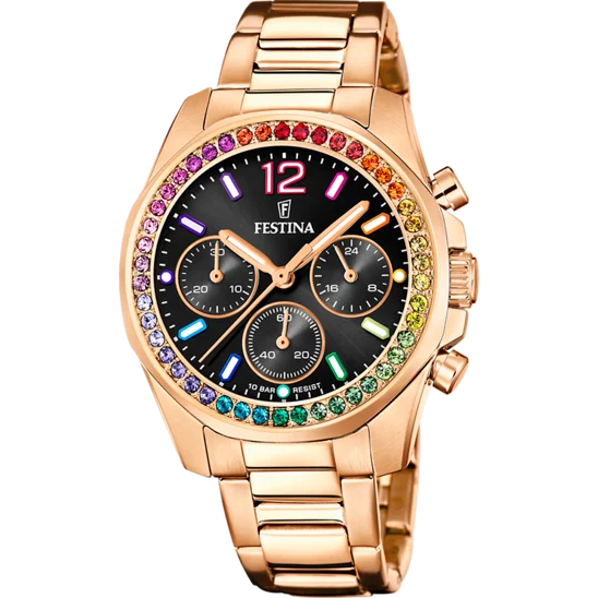 solar-powered sport watches with fitness tracking -Festina Rainbow Stainless Steel Chronograph Ladies Watch I Model F20639/3 Quartz Movement