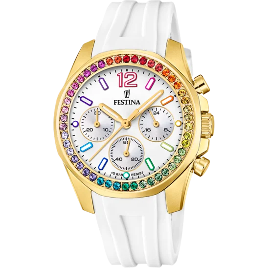 classic quartz watches for women with gold details -Festina Rainbow Rubber Chronograph Ladies Watch I Model F20650/2 Quartz Movement