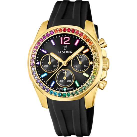 watches for men with military-style rugged designs -Festina Rainbow Rubber Chronograph Ladies Watch I Model F20650/3 Quartz Movement