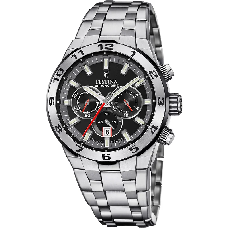 watches for men with rotating bezels for divers -Festina Chrono Bike Stainless Steel Chronograph Mens Watch I Model F20670/6 Quartz Movement