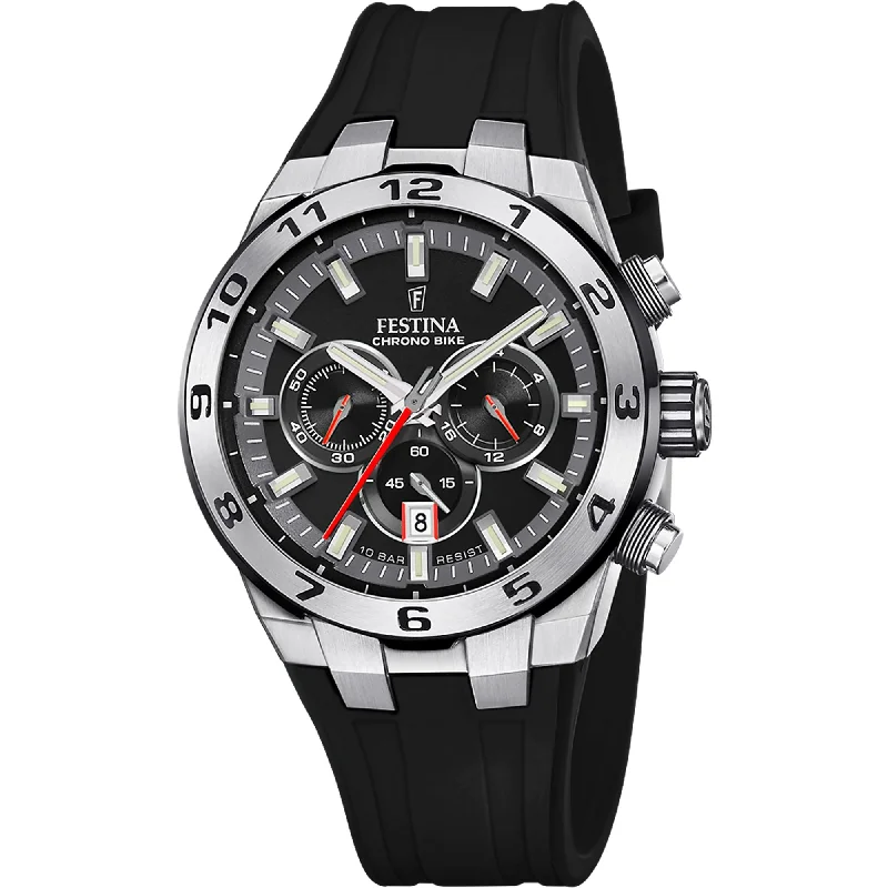 men’s watches with rubber and stainless steel bands -Festina Chrono Bike Rubber Chronograph Mens Watch I Model F20671/6 Quartz Movement