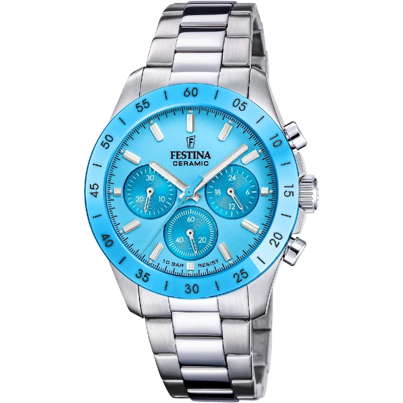 classic leather watches with simple and clean dial -Festina Ceramic SChronograph Ladies Watch I Model F20693/3 Quartz Movement