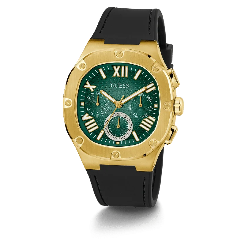 stylish women’s watches with metal straps and gemstone dials -GUESS Mens Black Gold Multi-Function Watch