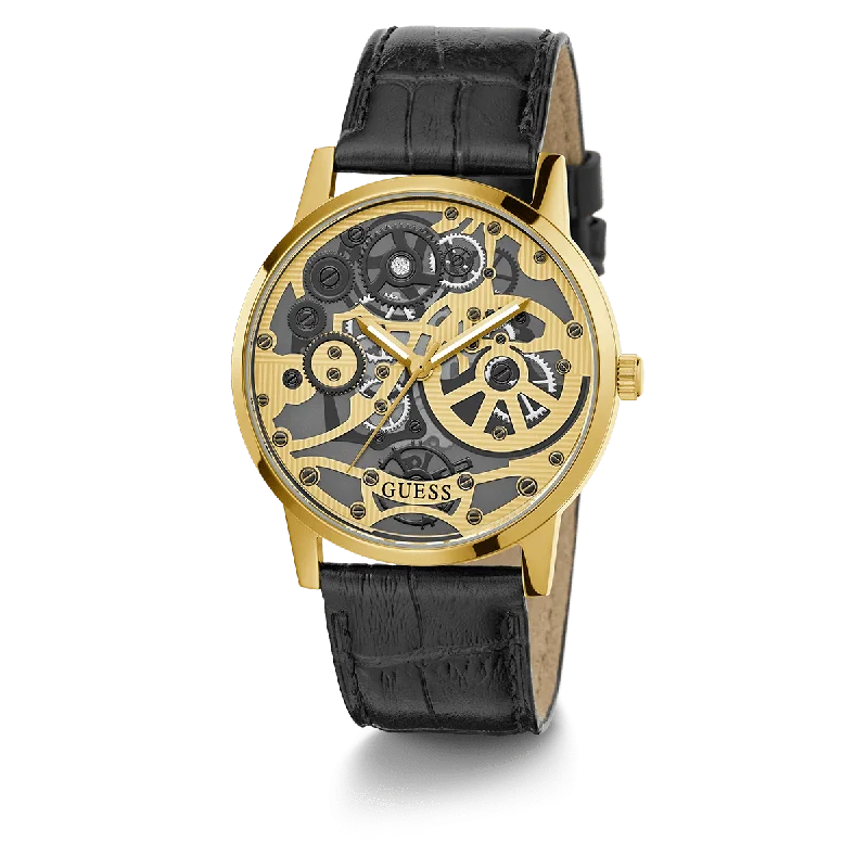 best watches with fitness and health tracking for women -GUESS Mens Black Gold Tone Analog Watch