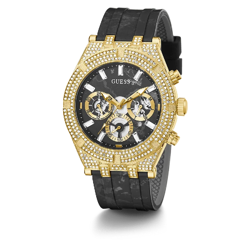 waterproof watches for sports enthusiasts with high durability -GUESS Mens Black Gold Tone Multi-Function Watch