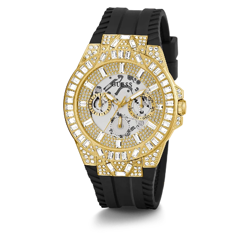 watches for men with digital and analog mixed dials -GUESS Mens Black Gold Tone Multi-Function Watch