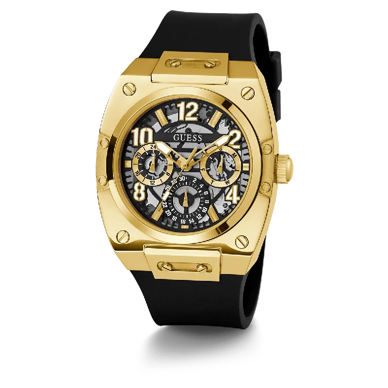 luxury watches for men with premium leather straps -GUESS Mens Black Gold Tone Multi-Function Watch