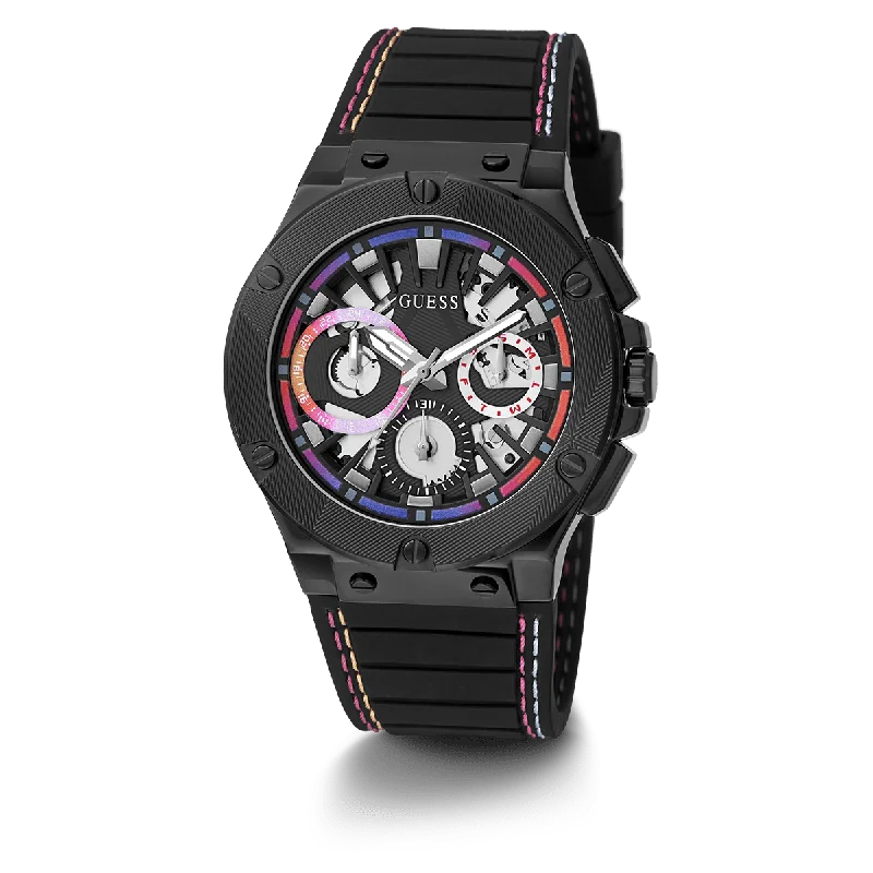 watches for women with interchangeable colorful straps -GUESS Mens Black Multi-Function Watch