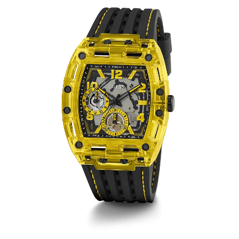 titanium watches with scratch resistance for men -GUESS Mens Black Yellow Multi-Function Watch