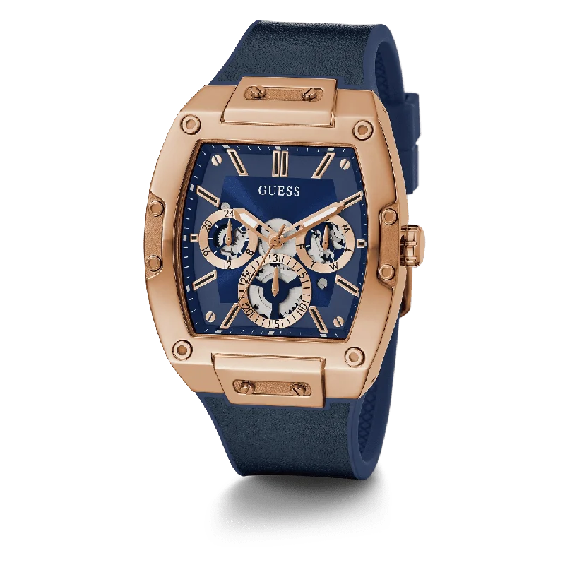 best waterproof sport watches for outdoor use -GUESS Mens Blue Rose Gold Tone Multi-Function Watch