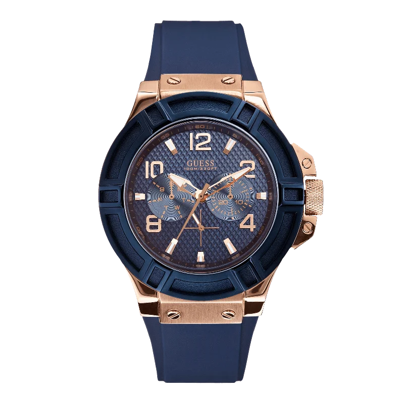 men’s watches with digital and analog features -GUESS Mens Blue Rose Gold Tone Multi-Function Watch