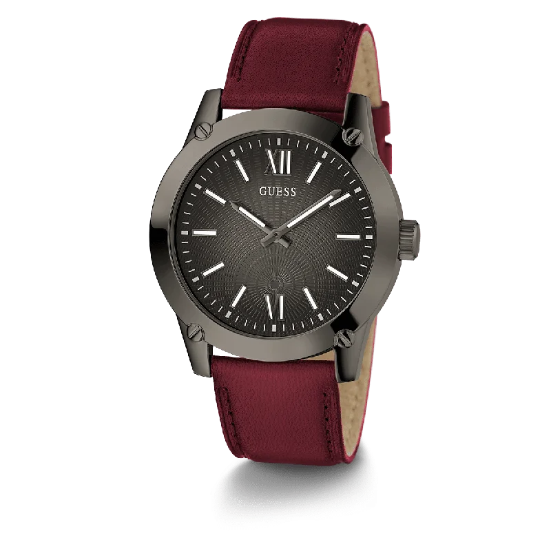 solar-powered watches with eco-friendly technology -GUESS Mens Burgundy Gunmetal Analog Watch