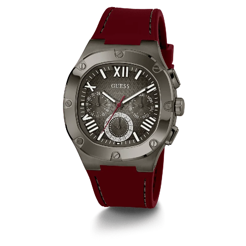 casual watches for men with bold dials and sporty look -GUESS Mens Burgundy Gunmetal Multi-Function Watch