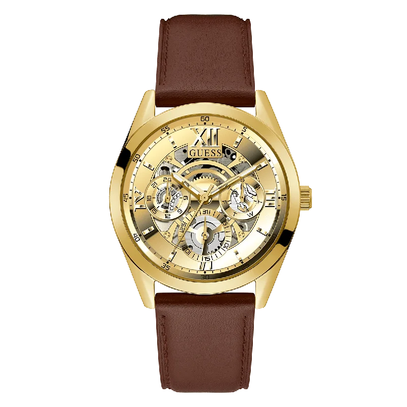 classic watches for men with date display and leather bands -GUESS Mens Chocolate Brown Gold Tone Multi-Function Watch