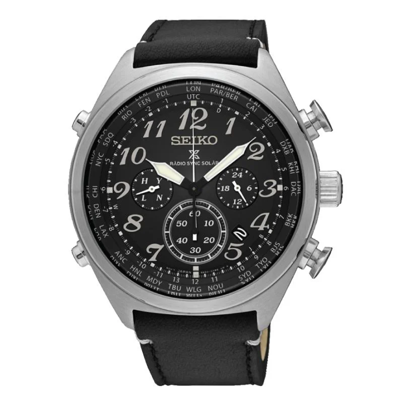 stylish watches for men with leather straps and bold dials -Seiko Prospex Radio Sync Solar Chronograph Black Calf Leather Strap Watch SSG013P1 (Not For EU Buyers) (LOCAL BUYERS ONLY)